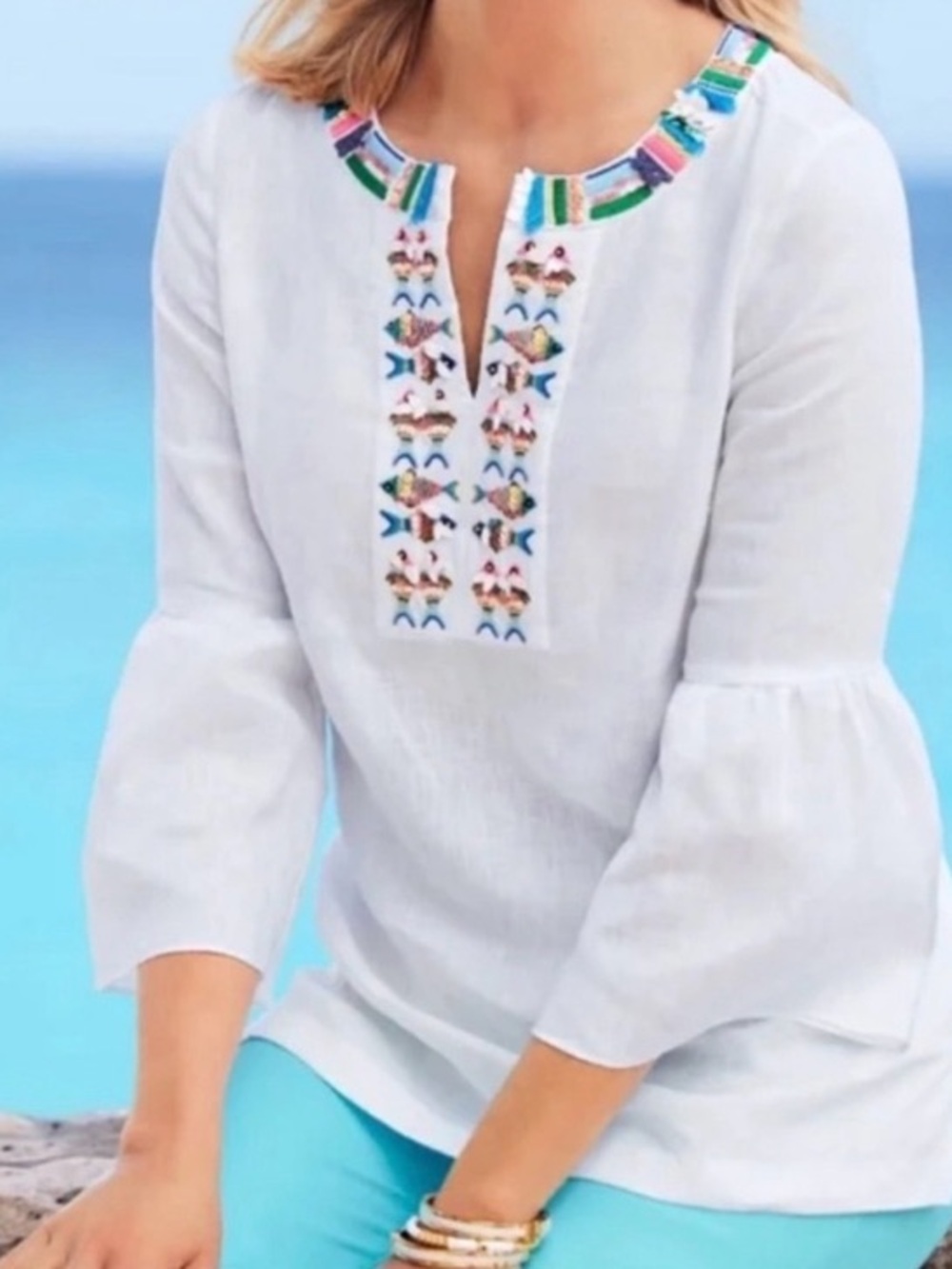 Talbots White Linen Tunic with Colorful Embroidered and Beaded Neckline